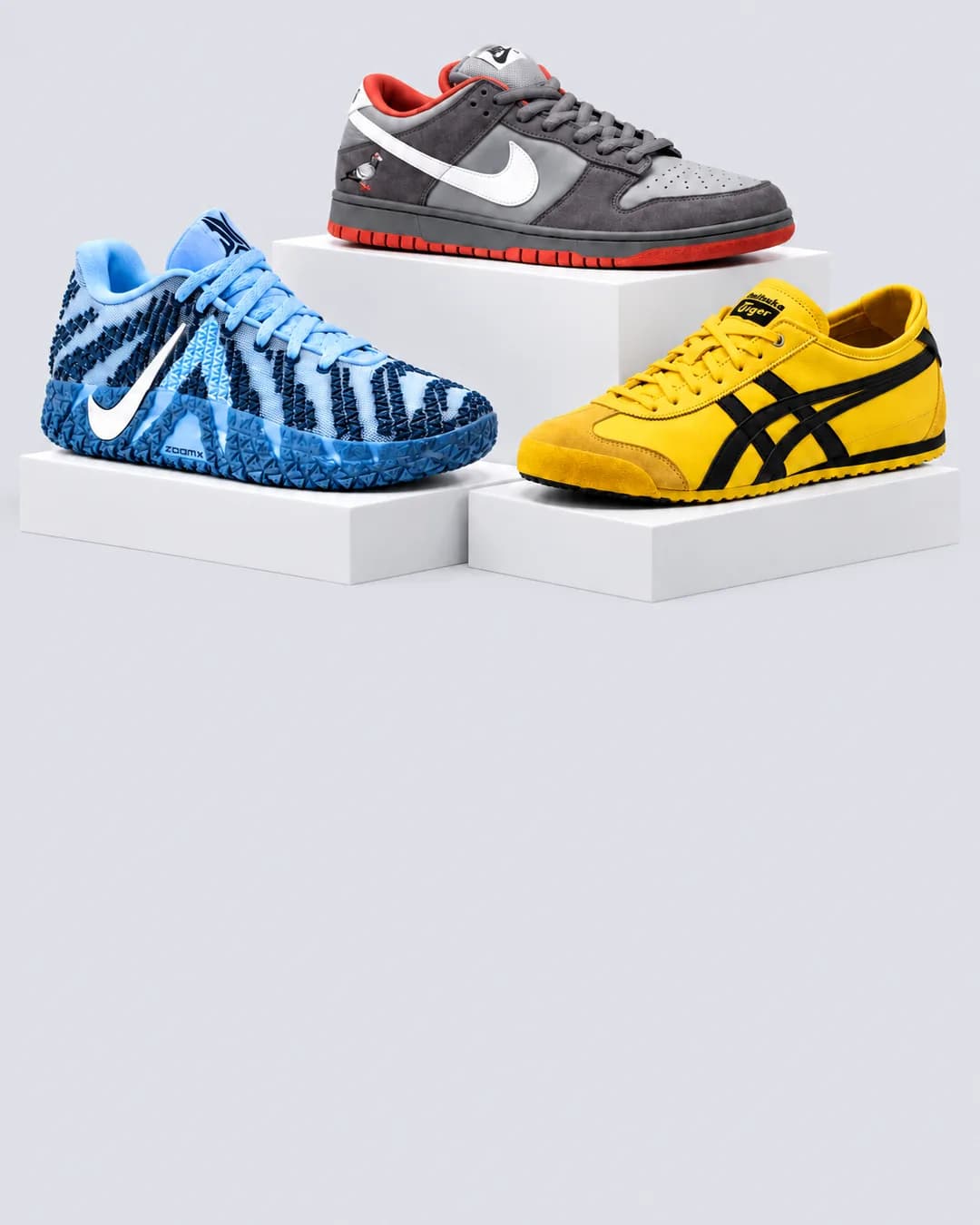 Três pares que a Iconic traz sob encomenda: Ja 3, SB Dunk Pigeon e Onitsuka Tiger Mexico 66 Kill Bill