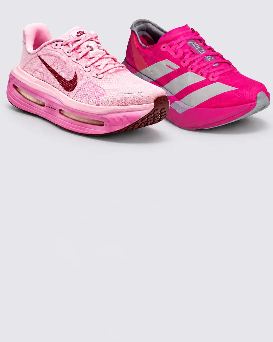 A dupla de treino e prova: o Nike Vomero rosa e o Adidas Adizero Adios Pro pink